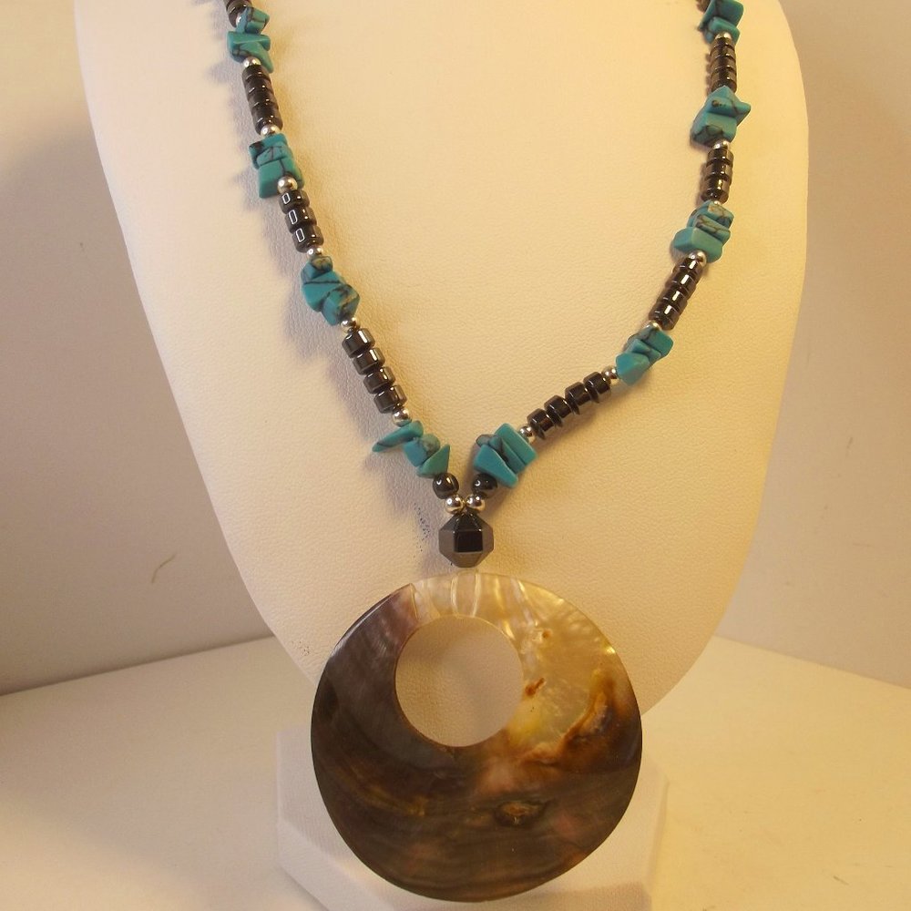 Shell Pendant Necklace with Hematite & Faux Turquoise Beads - Vintage
